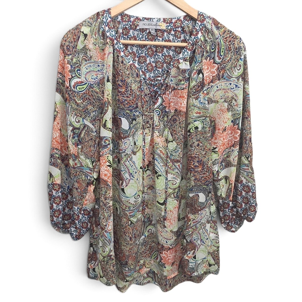 Figueroa & Flower Top Womens Medium Green Sheer Peasant Blouse Paisley Lace Up